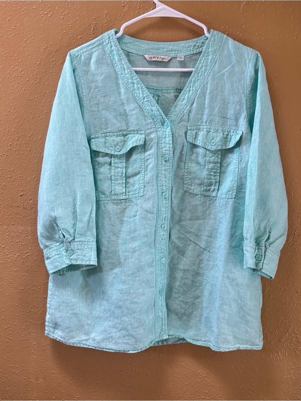 Orvis women's V-neck linen button-down shirt